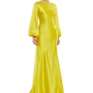 Mac Duggal Yellow Satin High Neck Long Sleeve Crystal Detail Maxi Gown